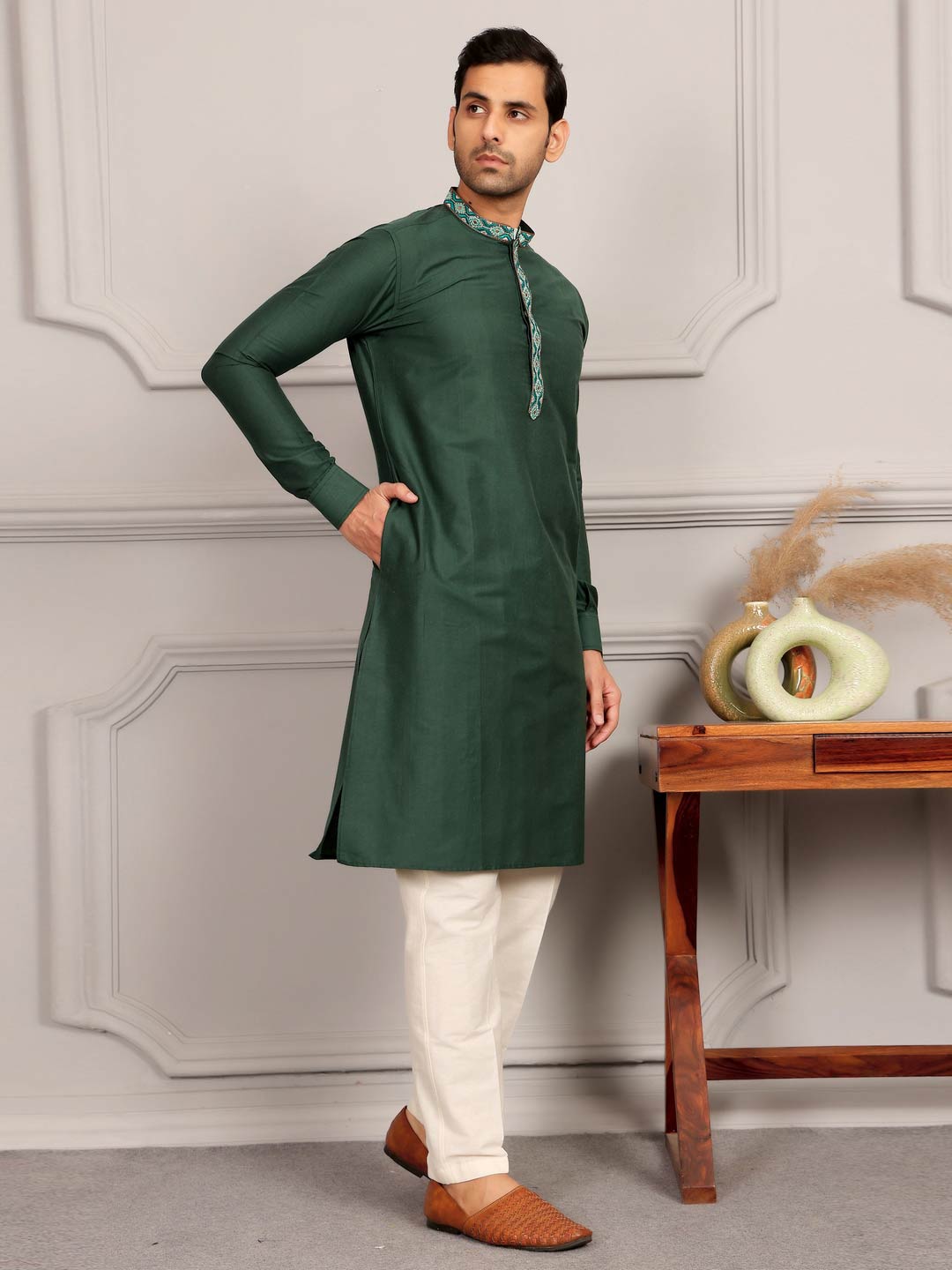 Dark Green Delux Cotton Straight Kurta with Embroidered Neck