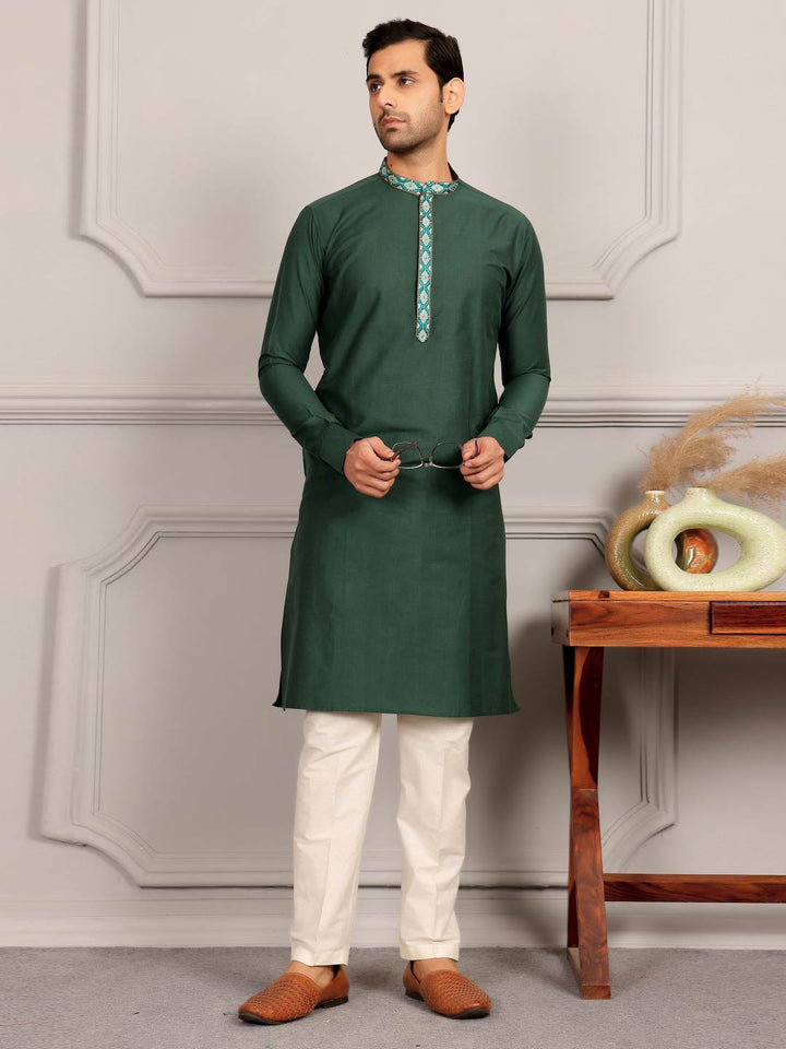 Dark Green Delux Cotton Straight Kurta with Embroidered Neck