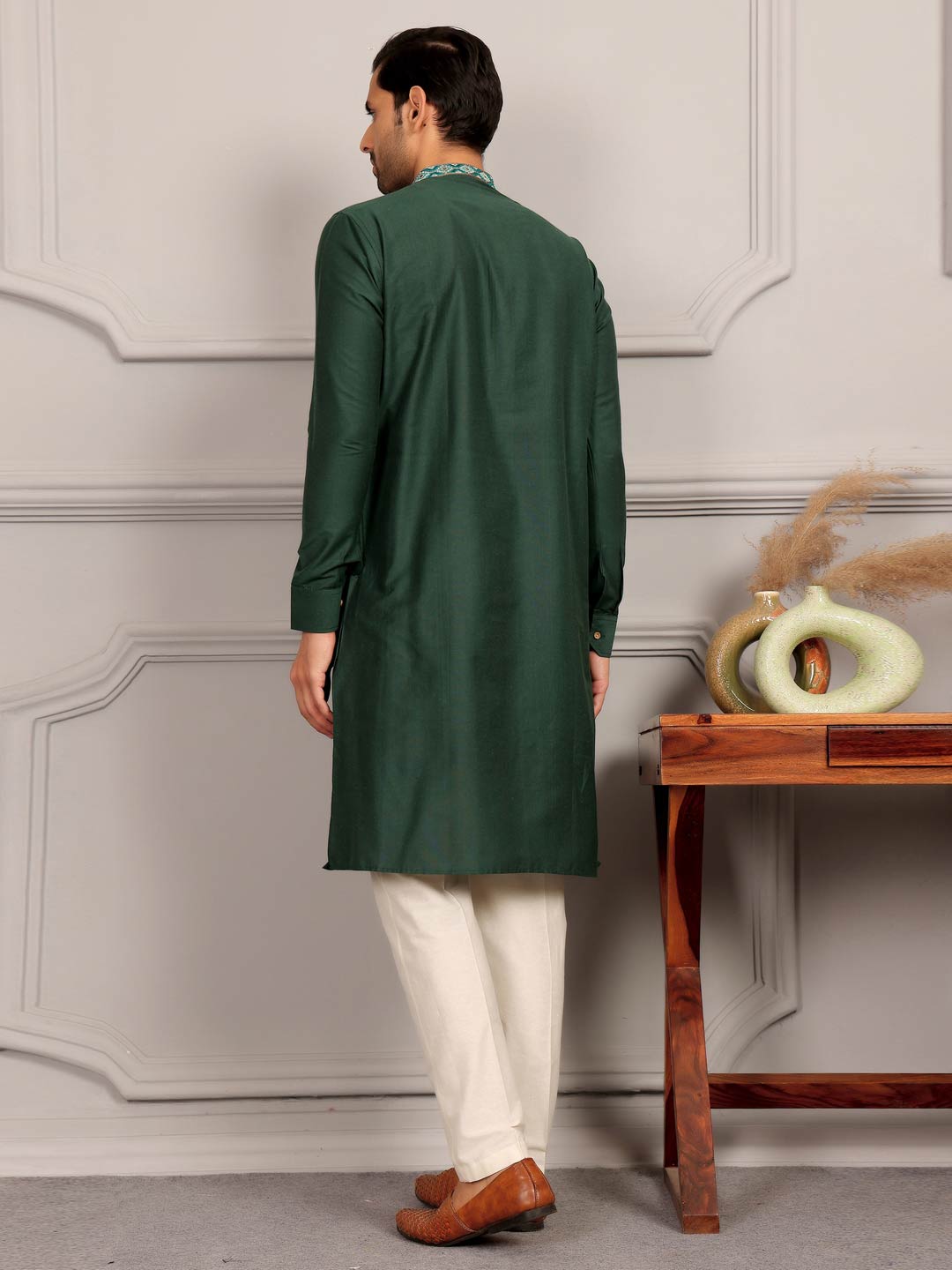 Dark Green Delux Cotton Straight Kurta with Embroidered Neck