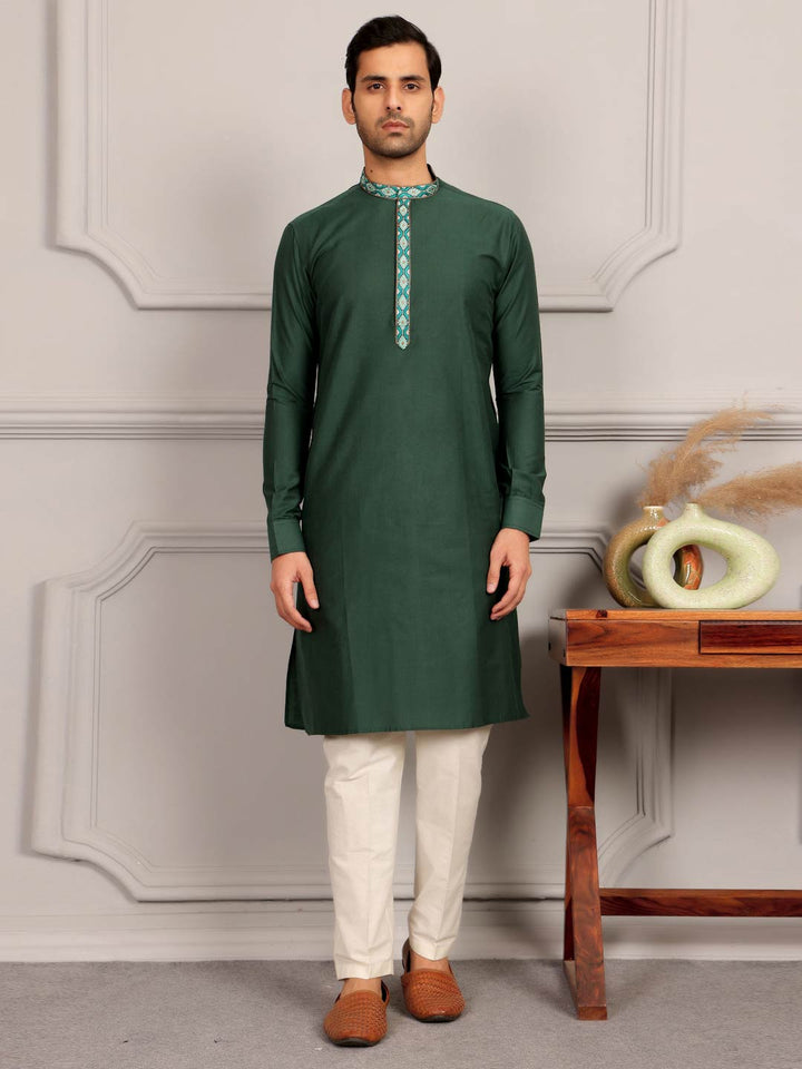 Dark Green Delux Cotton Straight Kurta with Embroidered Neck