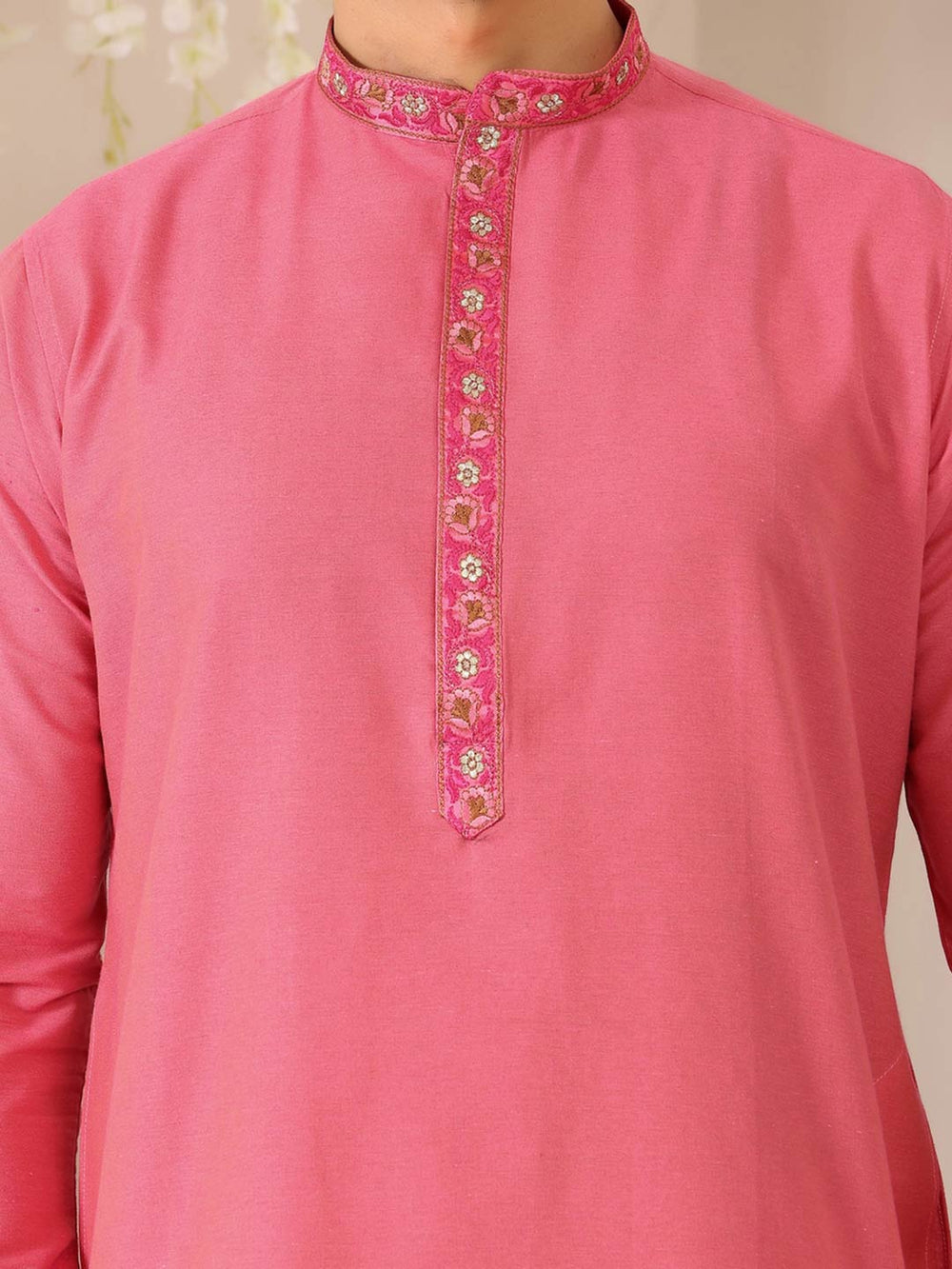 Blush Pink Delux Cotton Straight Kurta with Embroidered Neck – Pink