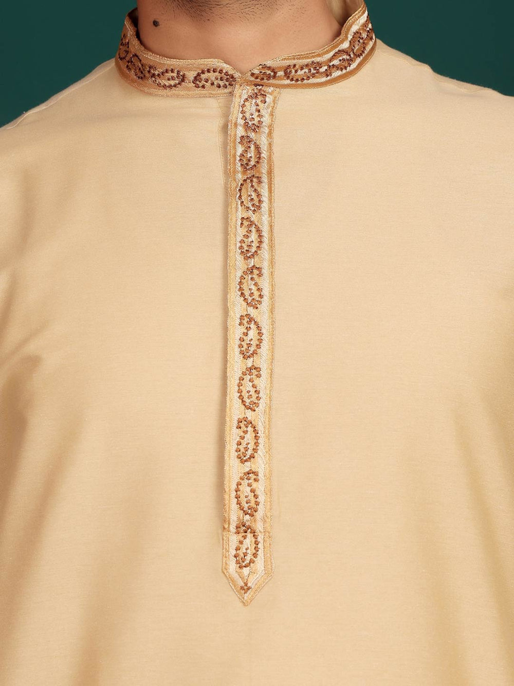 Wheat Cream Delux Cotton Straight Kurta with Embroidered Neck – Beige