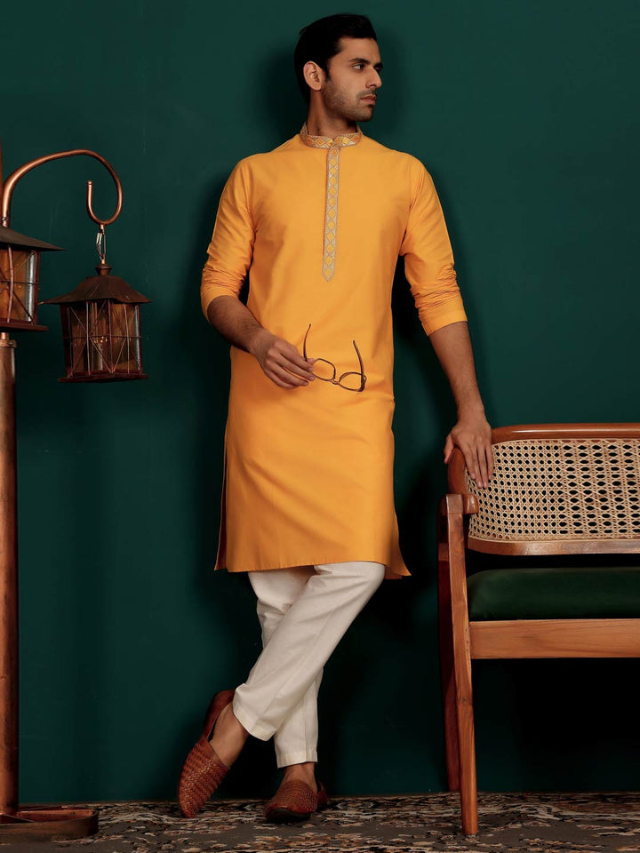 Patel Orange Delux Cotton Straight Kurta with Embroidered Neck