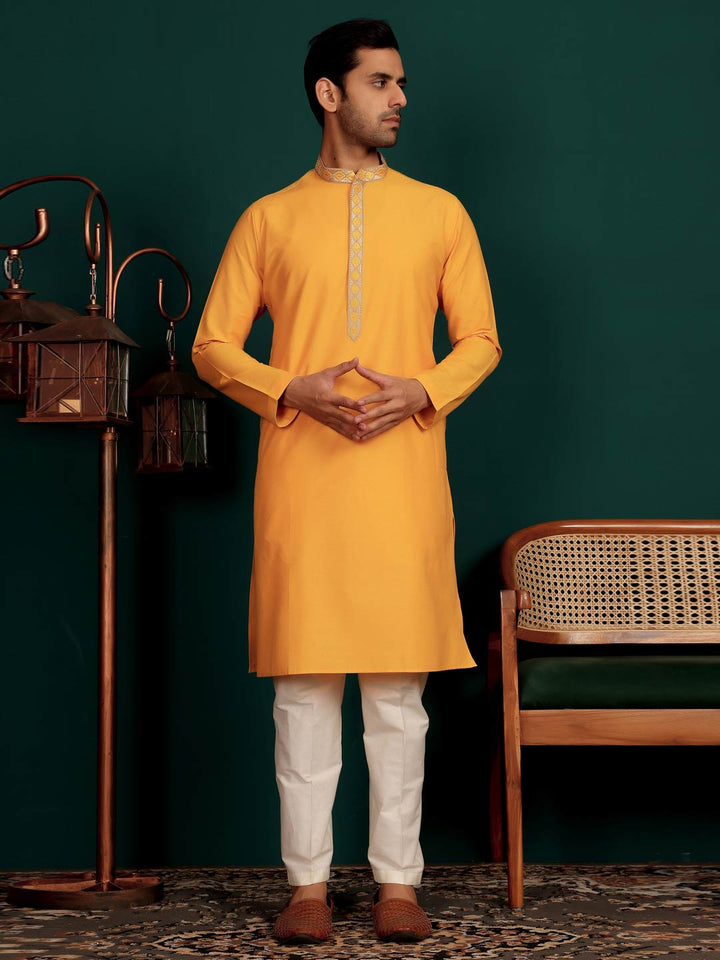 Patel Orange Delux Cotton Straight Kurta with Embroidered Neck