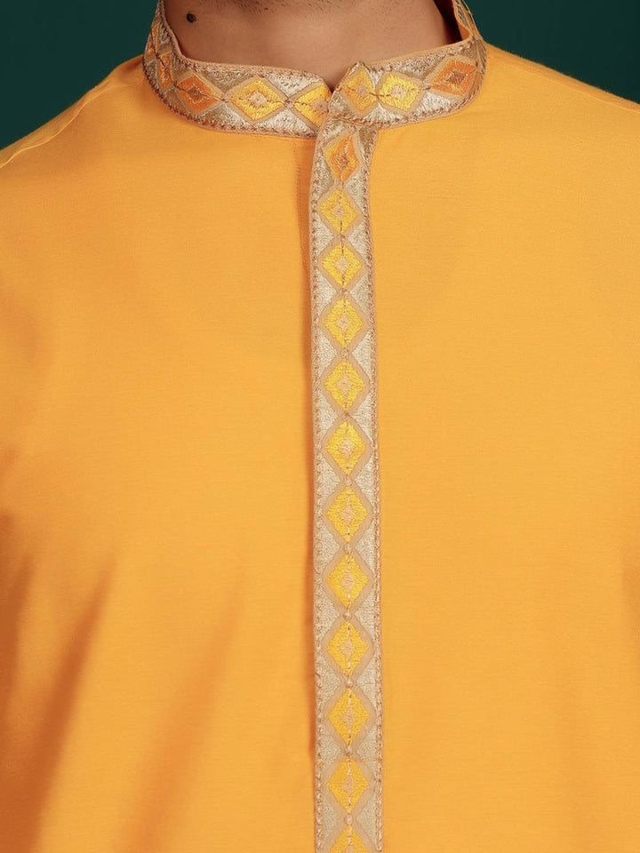 Patel Orange Delux Cotton Straight Kurta with Embroidered Neck