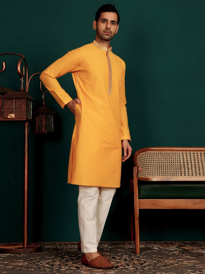 Patel Orange Delux Cotton Straight Kurta with Embroidered Neck