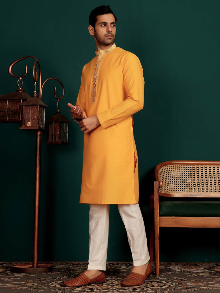 Patel Orange Delux Cotton Straight Kurta with Embroidered Neck