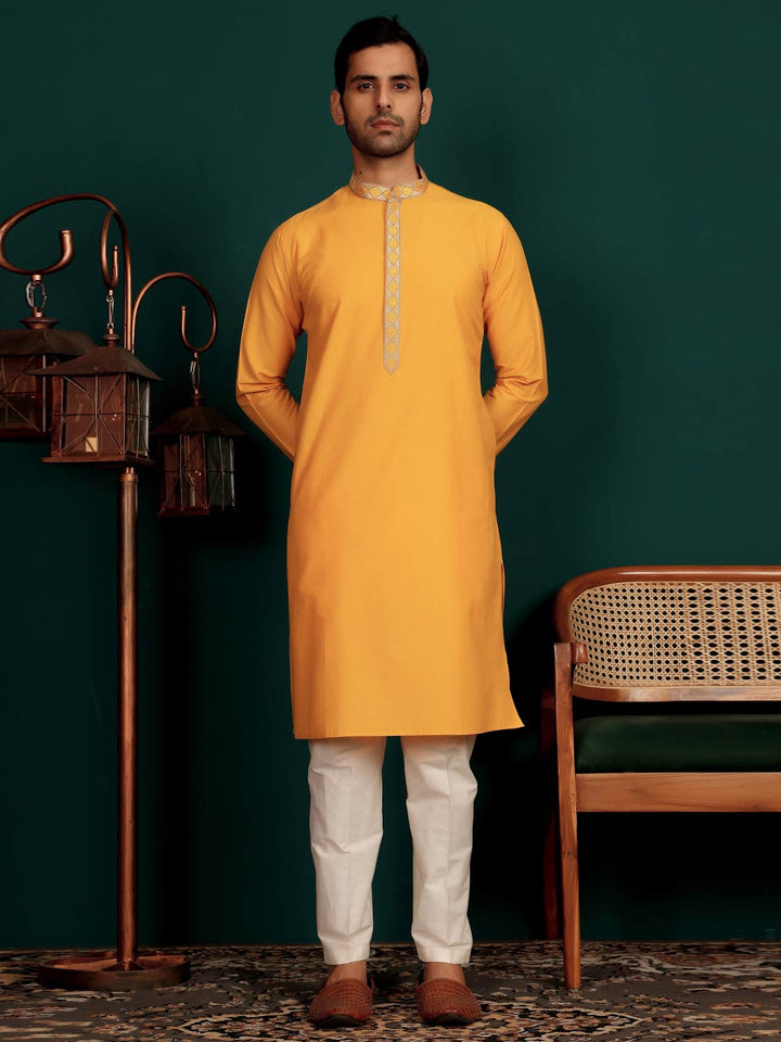 Patel Orange Delux Cotton Straight Kurta with Embroidered Neck