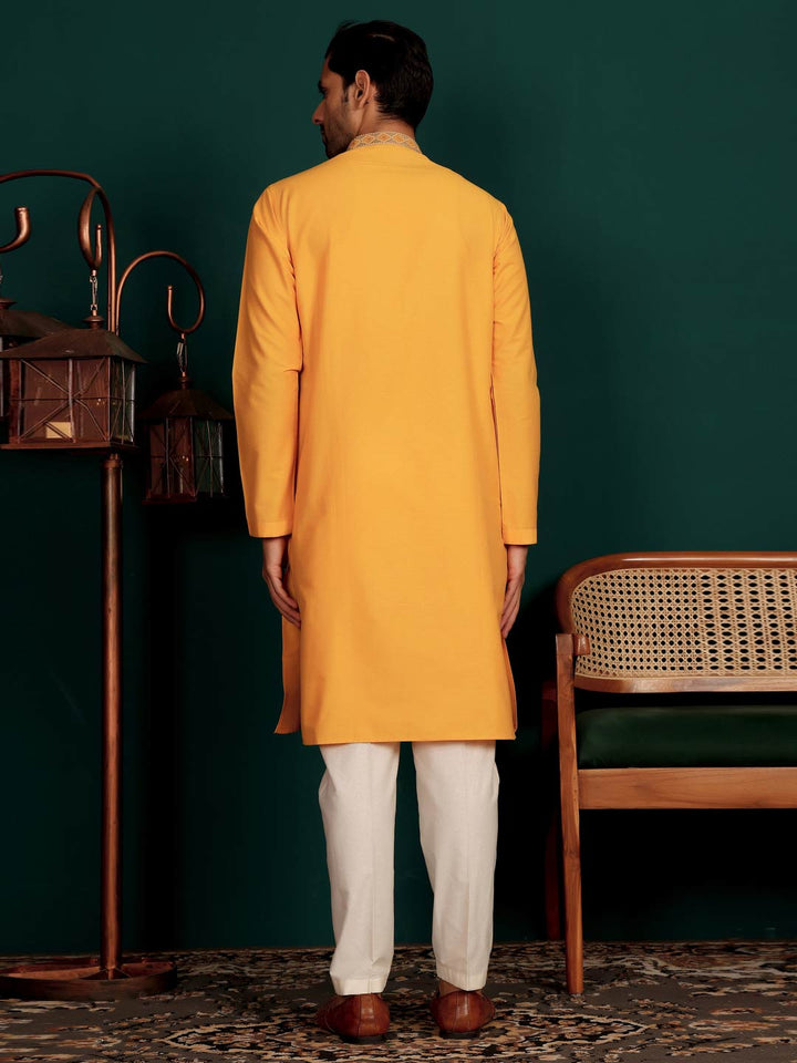 Patel Orange Delux Cotton Straight Kurta with Embroidered Neck