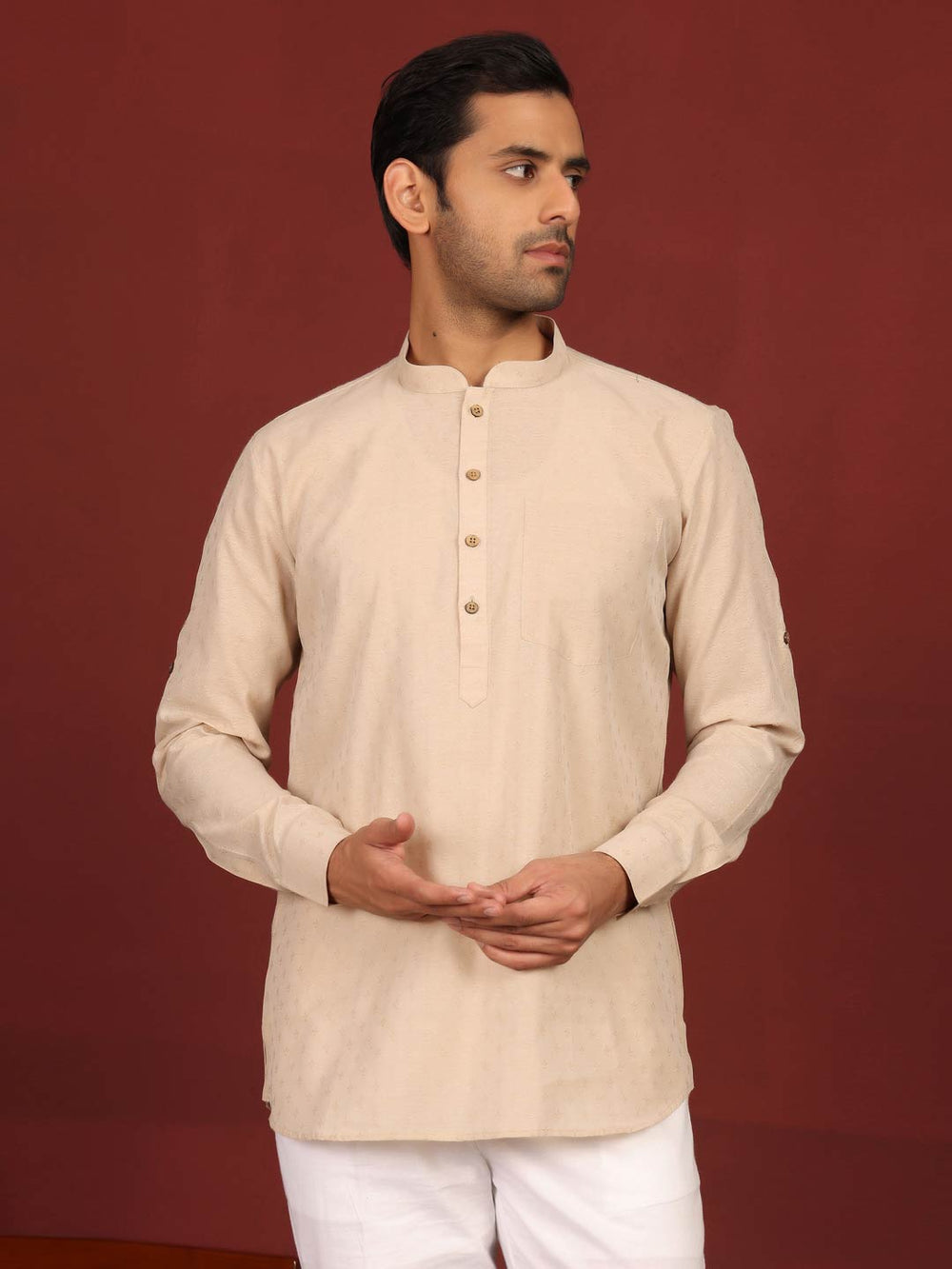 Beige Self Design Cotton Short Kurta – Beige
