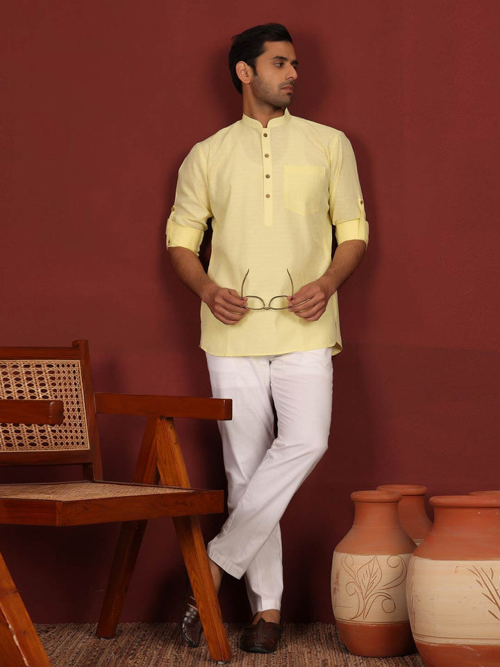 Yellow Self Design Cotton Short Kurta