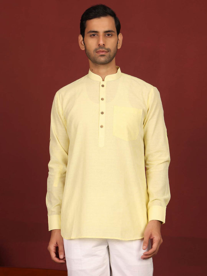 Yellow Self Design Cotton Short Kurta