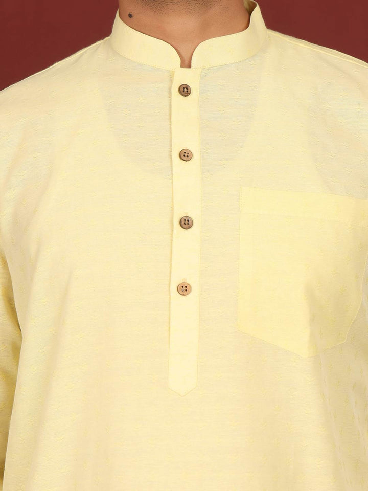 Yellow Self Design Cotton Short Kurta