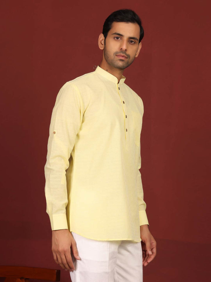 Yellow Self Design Cotton Short Kurta