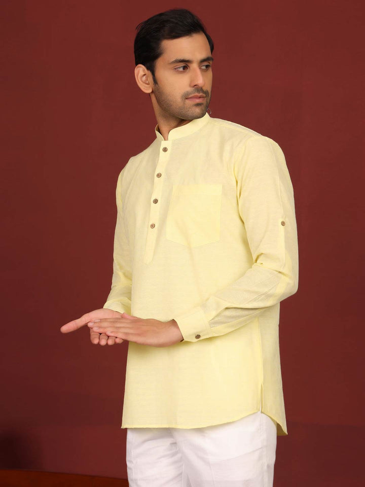 Yellow Self Design Cotton Short Kurta