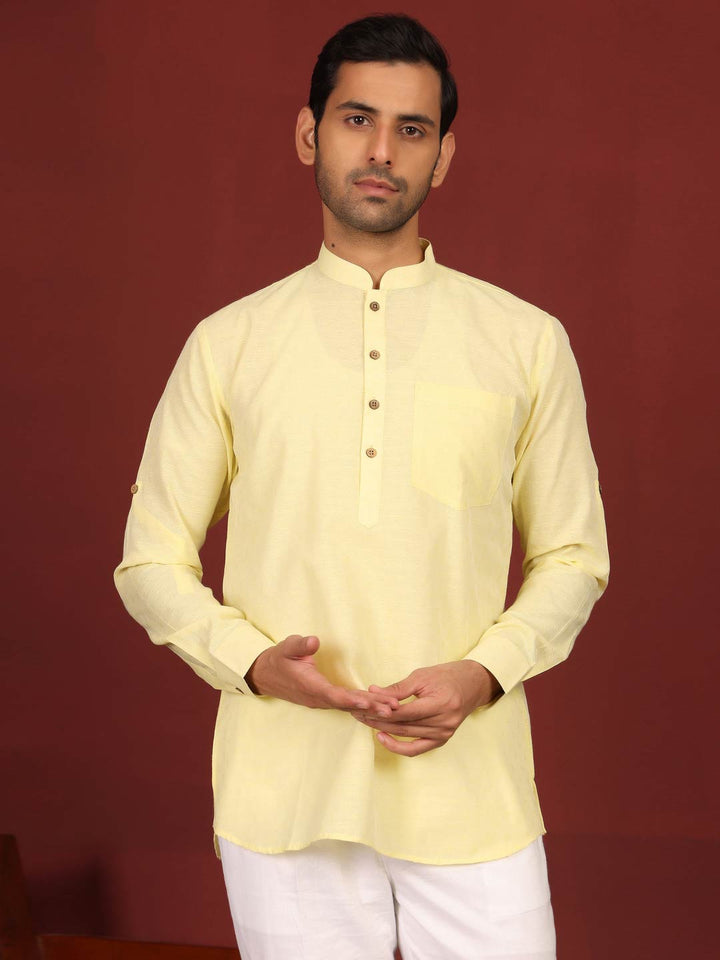 Yellow Self Design Cotton Short Kurta