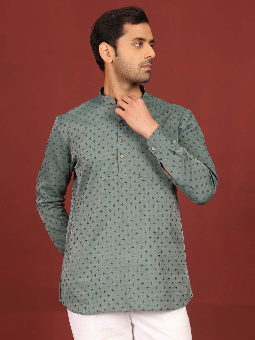 Green Self Design Cotton Short Kurta