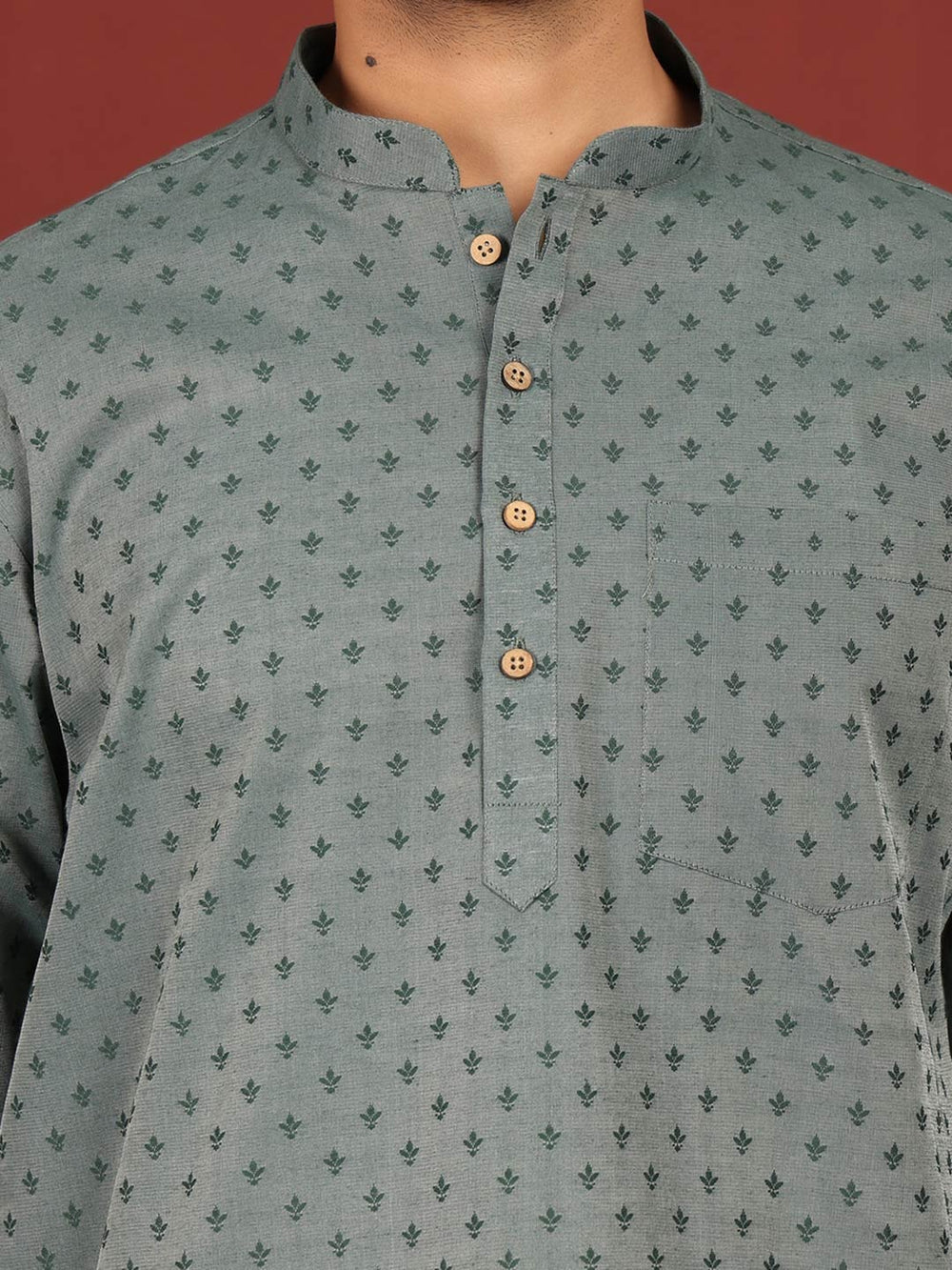 Green Self Design Cotton Short Kurta – Green