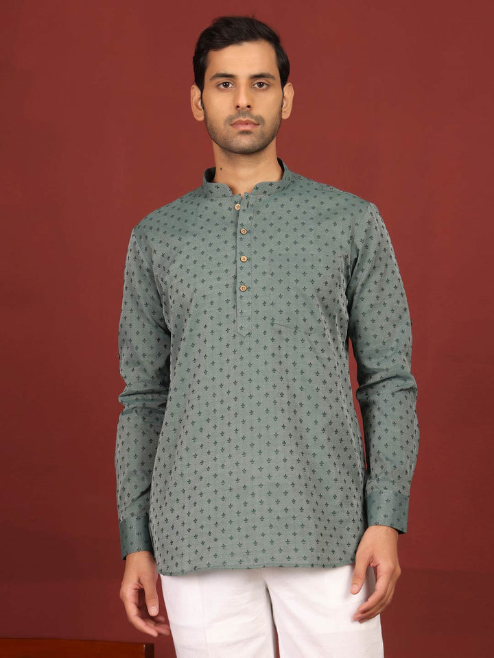 Green Self Design Cotton Short Kurta