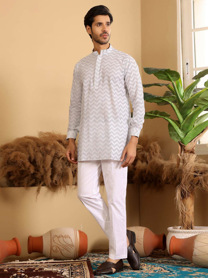 Off White - Black Thread Work Cotton Short Kurta