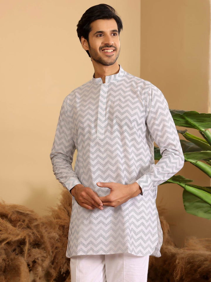 Off White - Black Thread Work Cotton Short Kurta