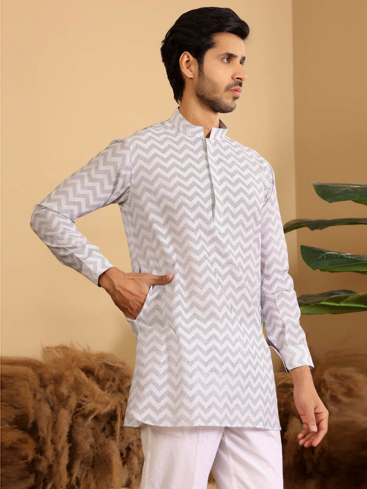 Off White - Black Thread Work Cotton Short Kurta