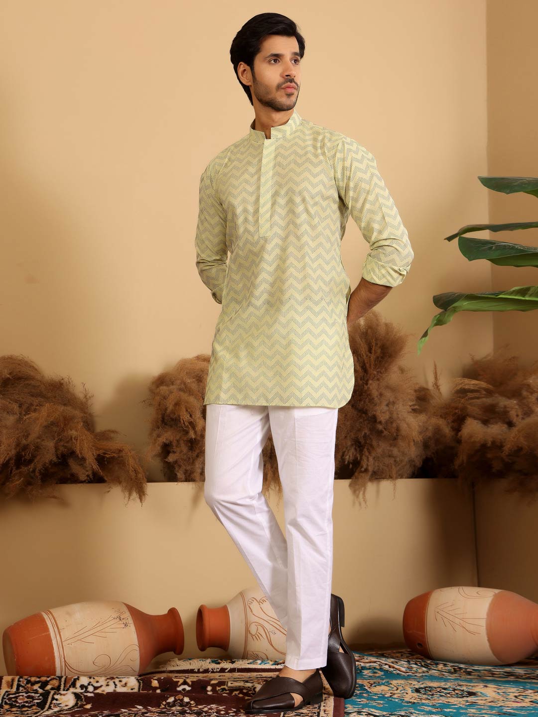Lime Green-Black Thread Work Cotton Short Kurta