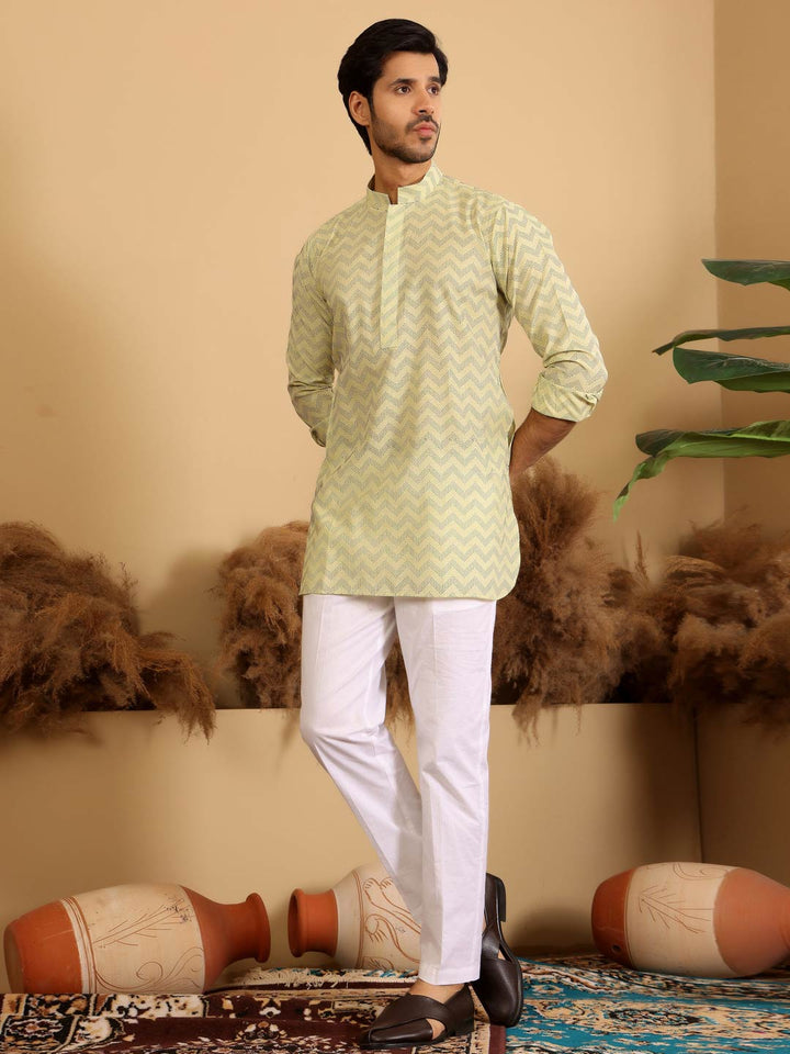 Lime Green-Black Thread Work Cotton Short Kurta