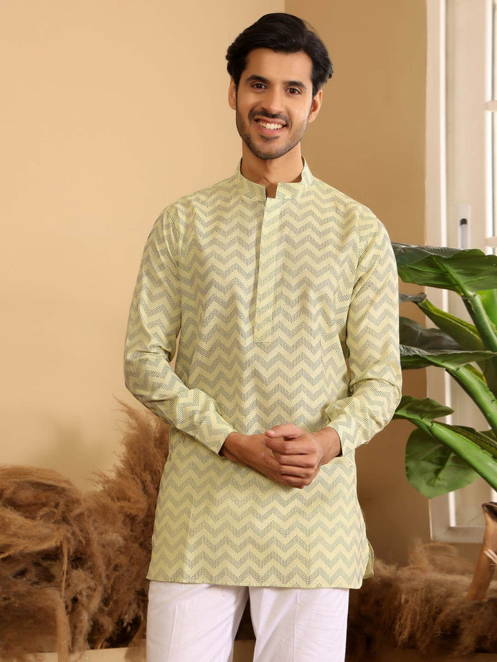 Lime Green-Black Thread Work Cotton Short Kurta