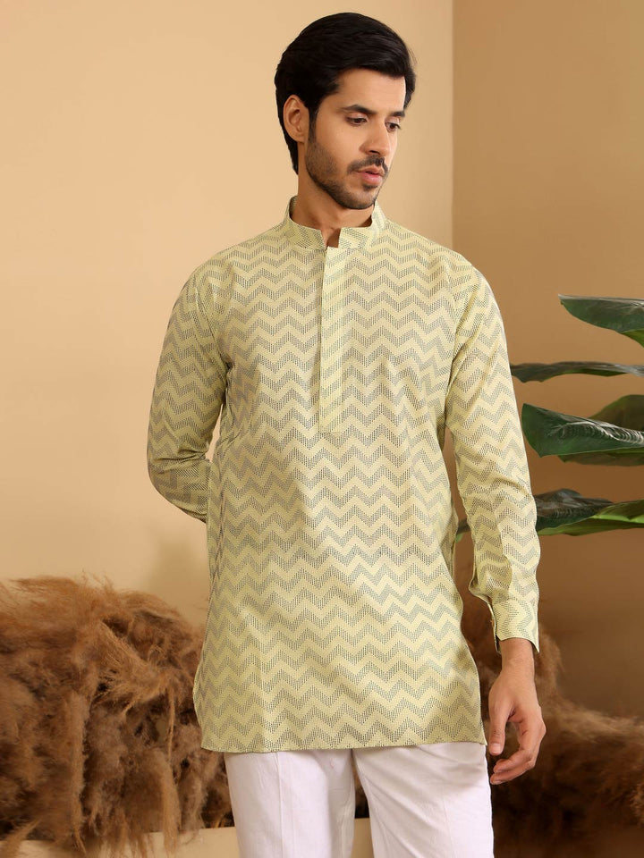 Lime Green-Black Thread Work Cotton Short Kurta