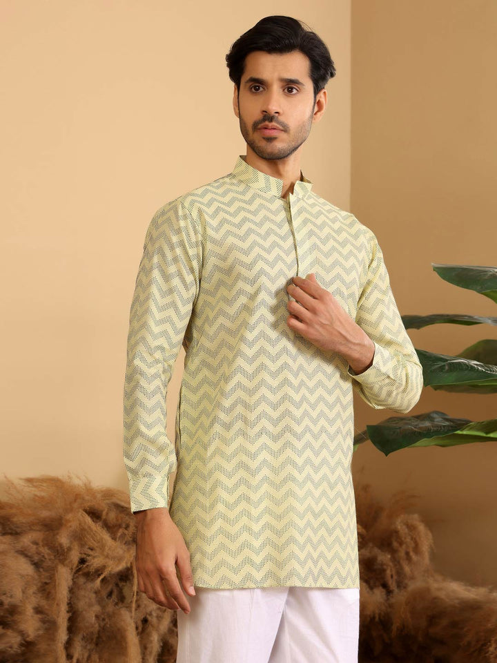 Lime Green-Black Thread Work Cotton Short Kurta
