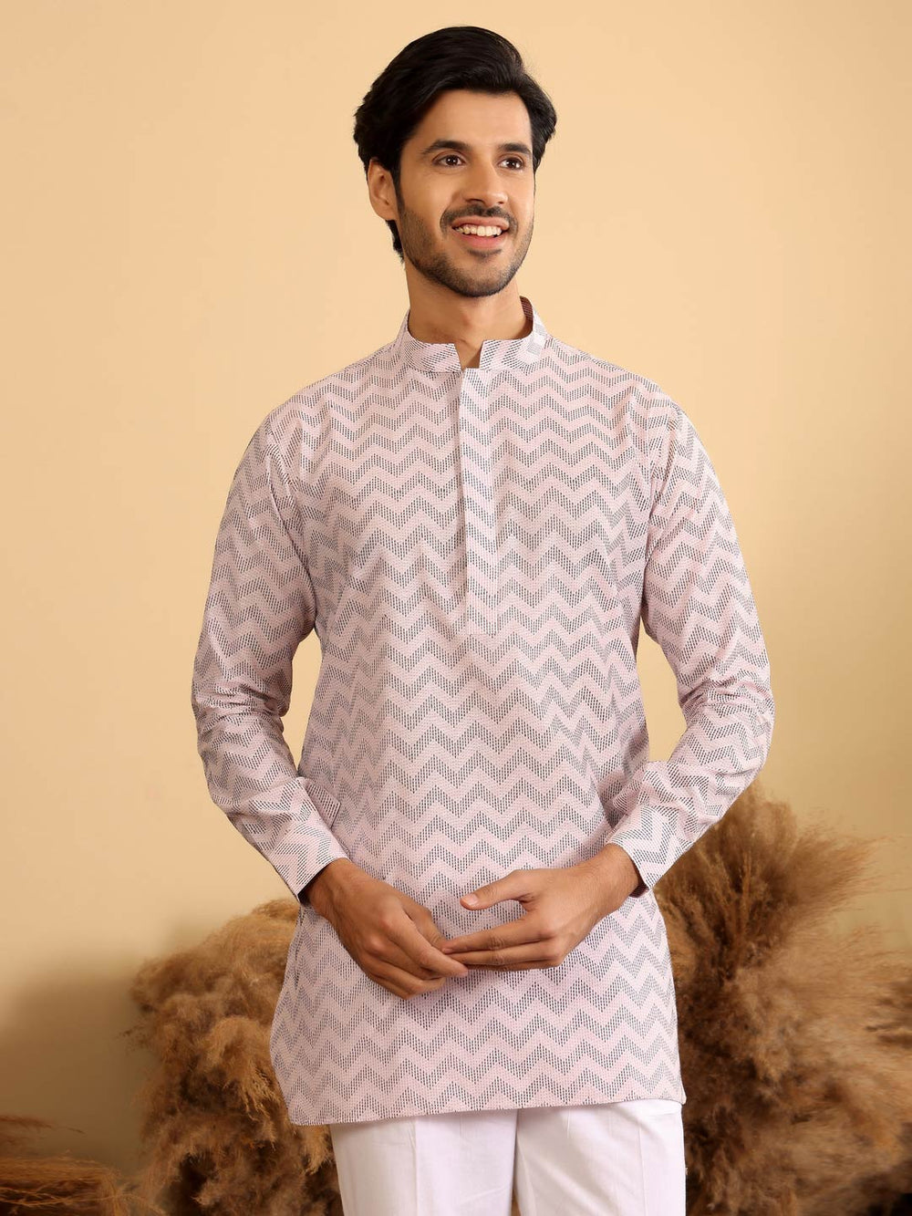 Light Pink-Black Thread Work Cotton Short Kurta – Pink