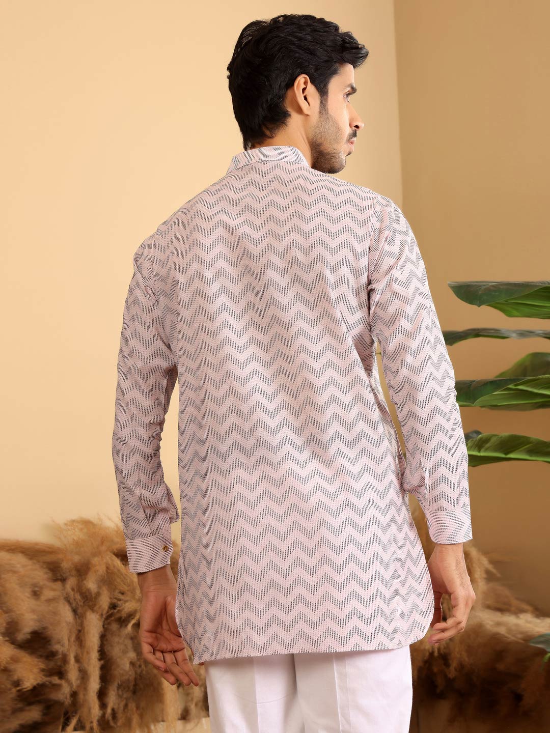 Light Pink-Black Thread Work Cotton Short Kurta