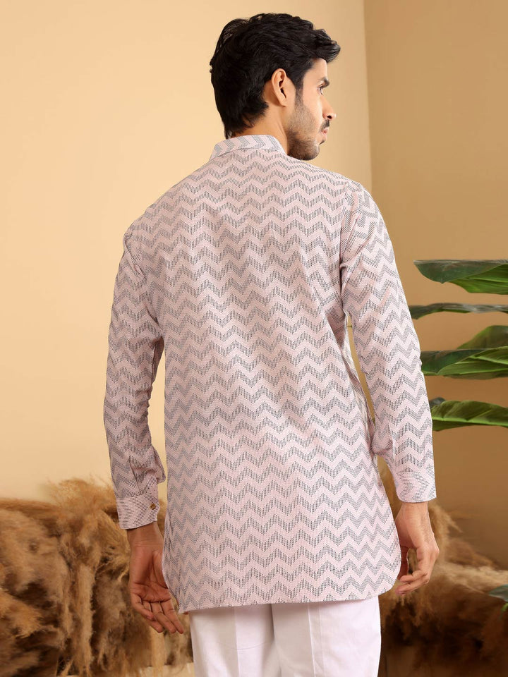 Light Pink-Black Thread Work Cotton Short Kurta