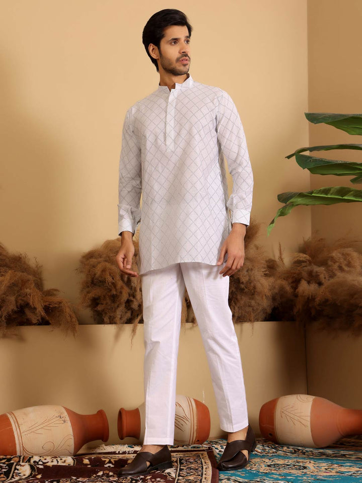White-Black Thread Work Cotton Short Kurta