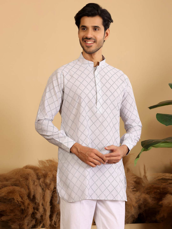 White-Black Thread Work Cotton Short Kurta