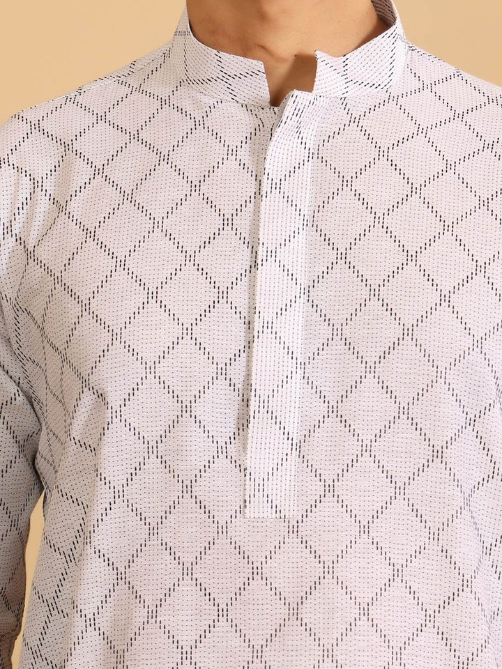 White-Black Thread Work Cotton Short Kurta