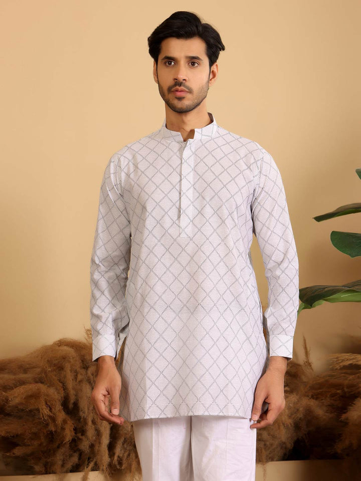 White-Black Thread Work Cotton Short Kurta