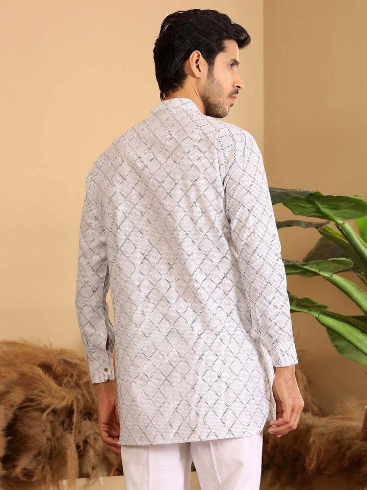 White-Black Thread Work Cotton Short Kurta