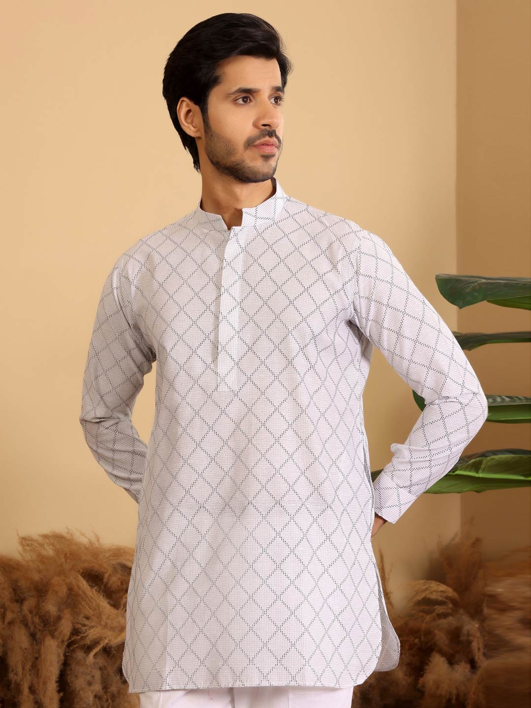 White-Black Thread Work Cotton Short Kurta