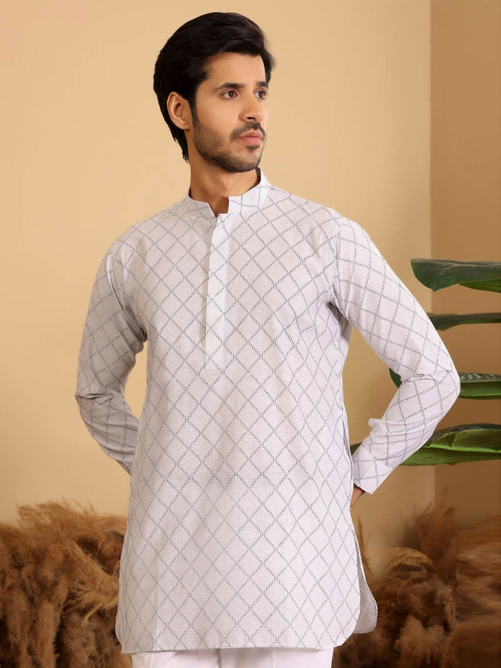 White-Black Thread Work Cotton Short Kurta