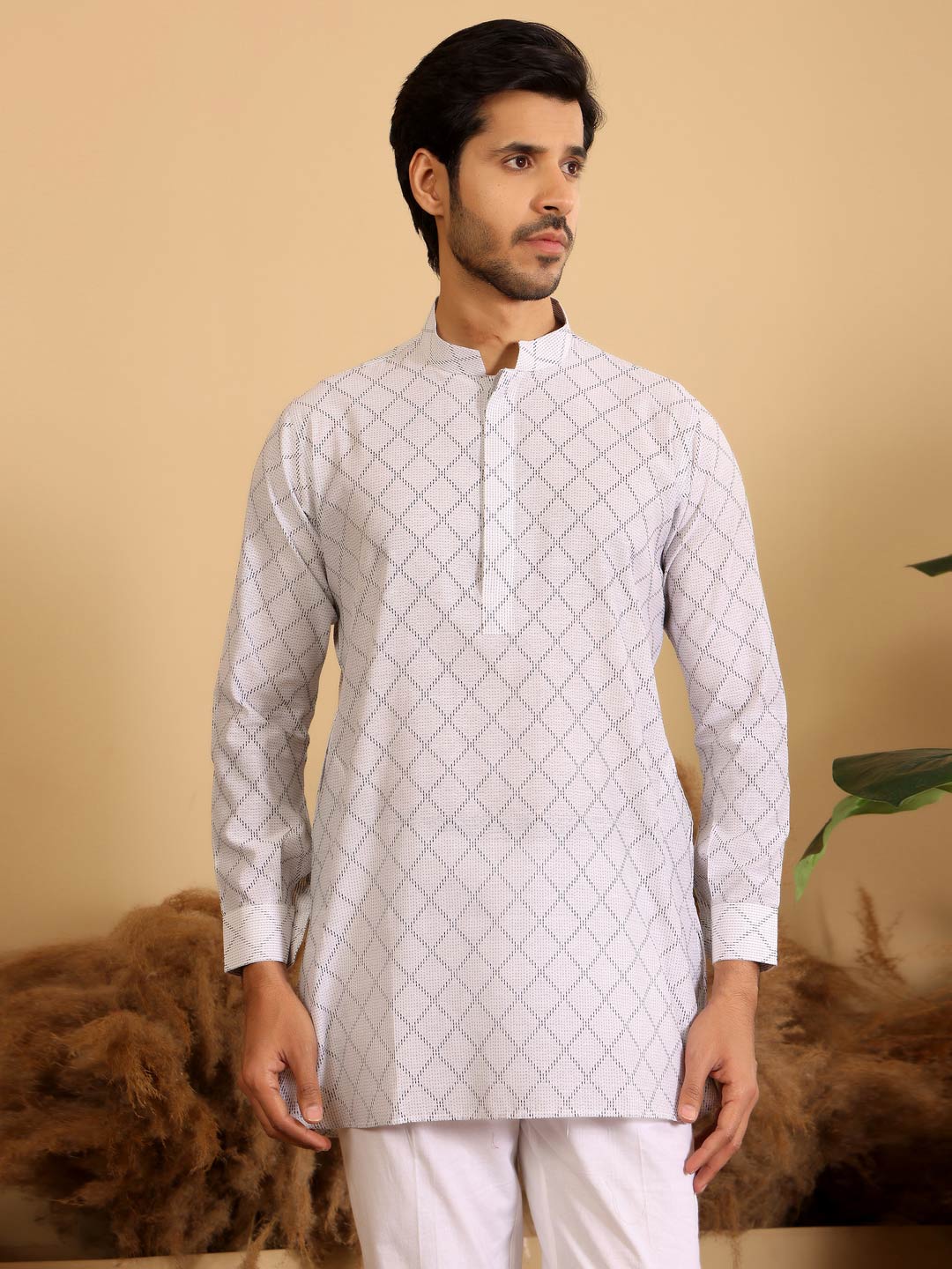 White-Black Thread Work Cotton Short Kurta