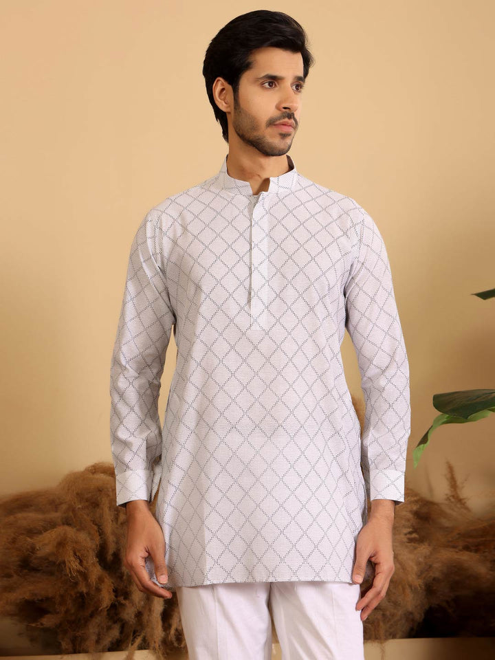 White-Black Thread Work Cotton Short Kurta