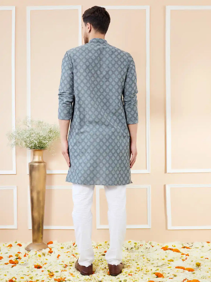 Grey Ethnic Motifs Silk Jacquard Woven Design Straight Kurta