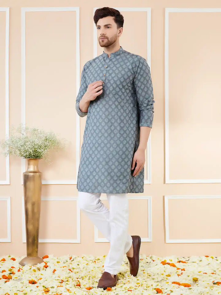 Grey Ethnic Motifs Silk Jacquard Woven Design Straight Kurta
