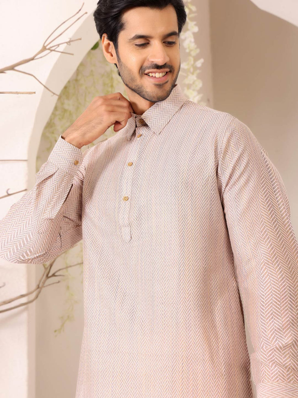 Beige Handwoven Cotton Pathani Kurta – Beige