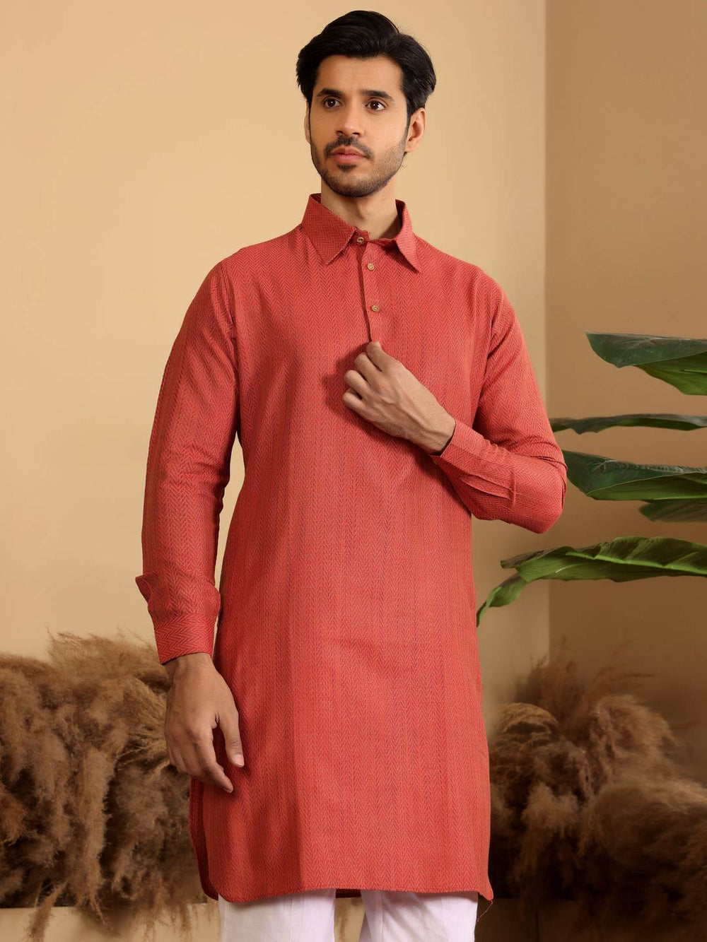 Red Handwoven Cotton Pathani Kurta – Red
