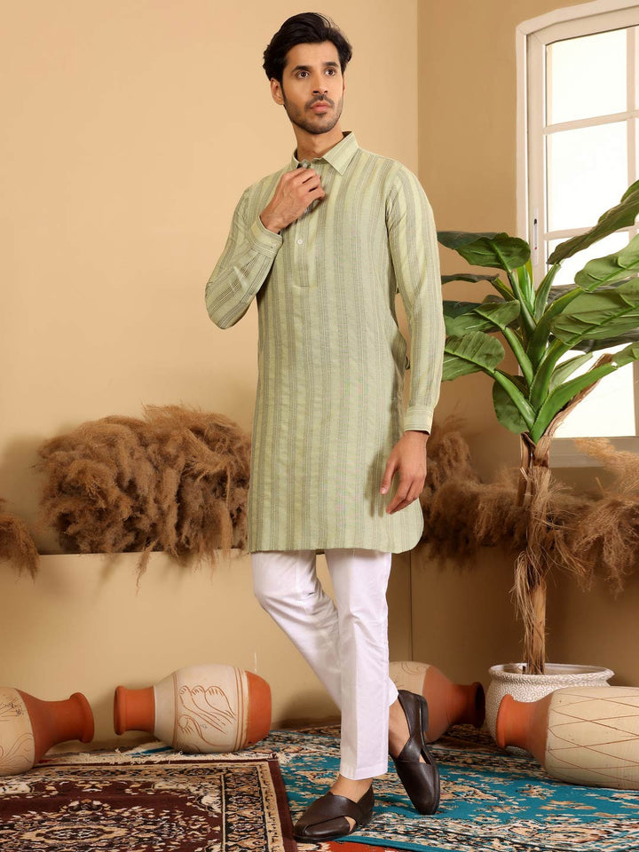 Lime Green-Gray Self Design Handwoven Cotton Pathani Kurta with Pyjama