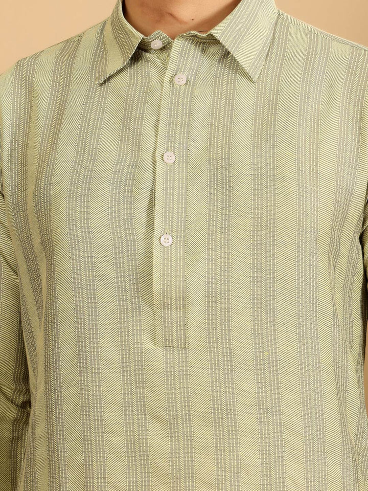 Lime Green-Gray Self Design Handwoven Cotton Pathani Kurta with Pyjama
