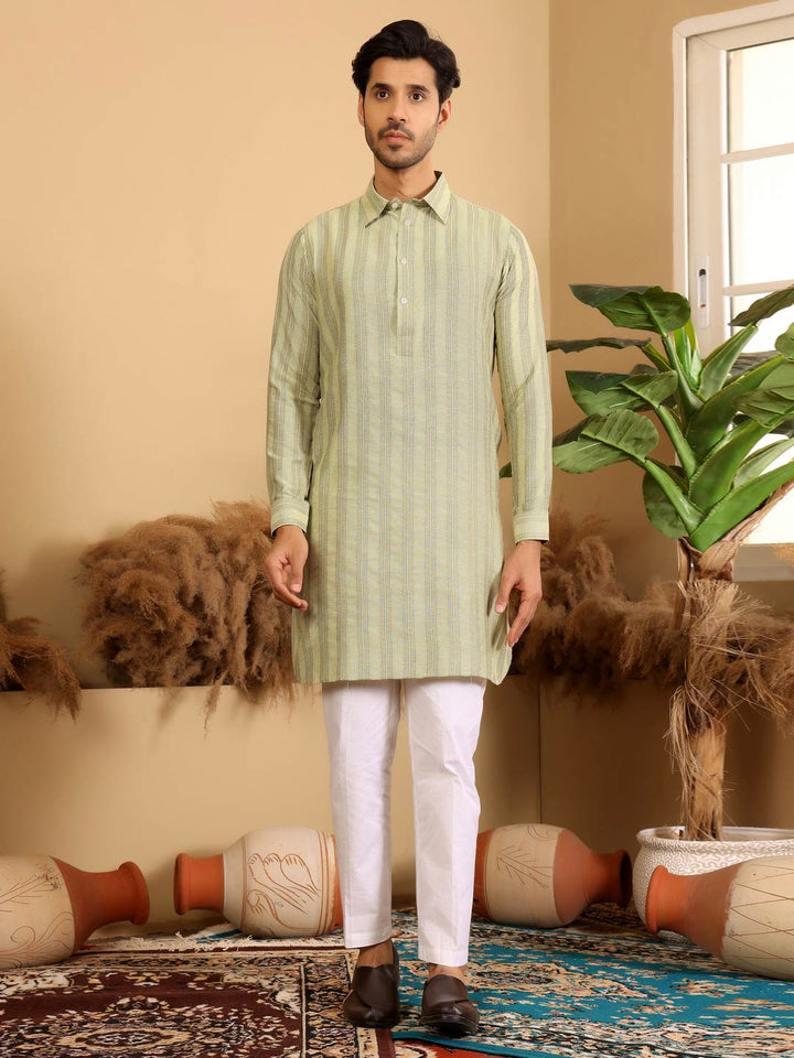 Lime Green-Gray Self Design Handwoven Cotton Pathani Kurta with Pyjama